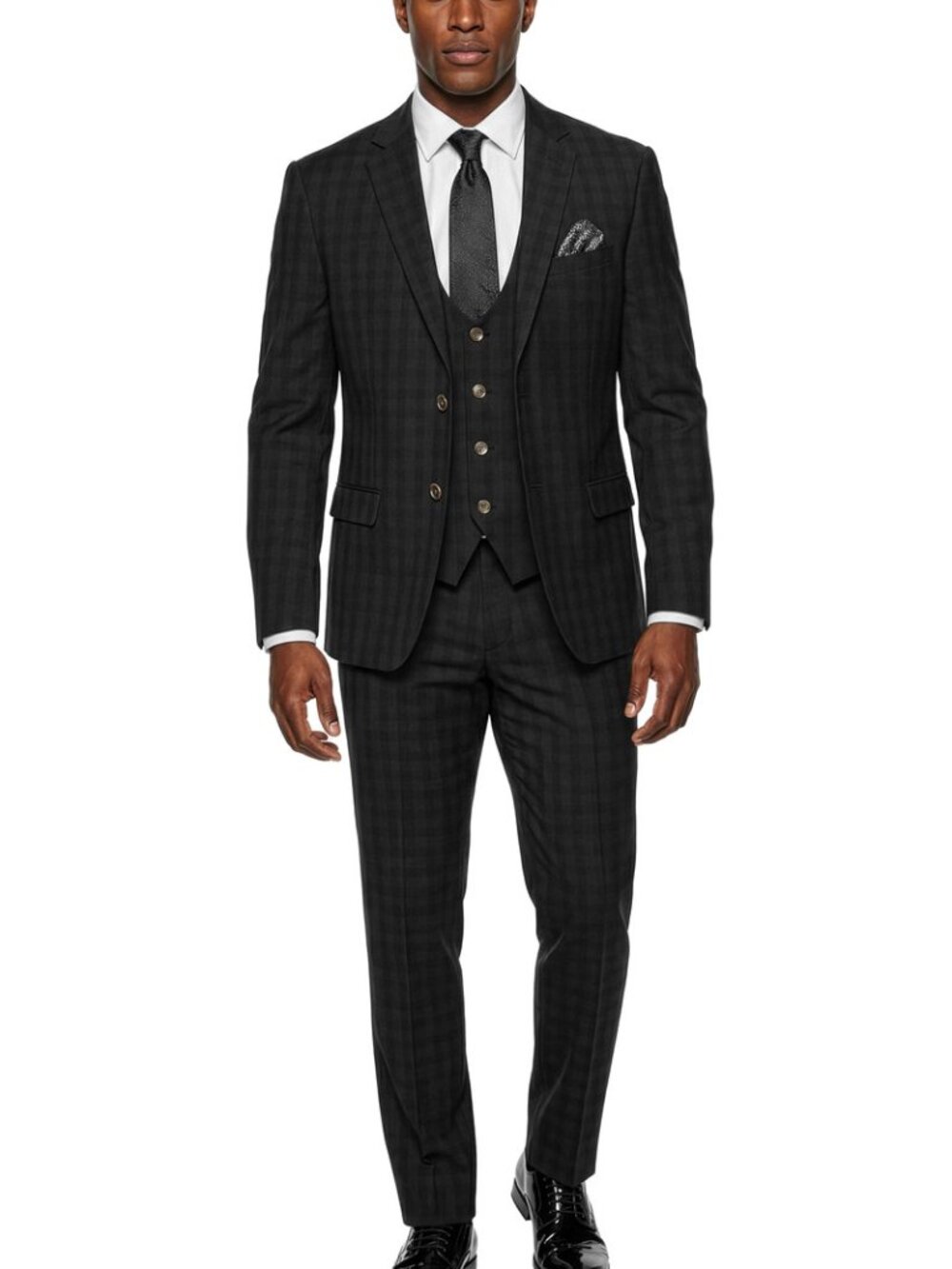 Dark Brown Windowpane Plaid Notch Lapel 3 Piece Men's Suit